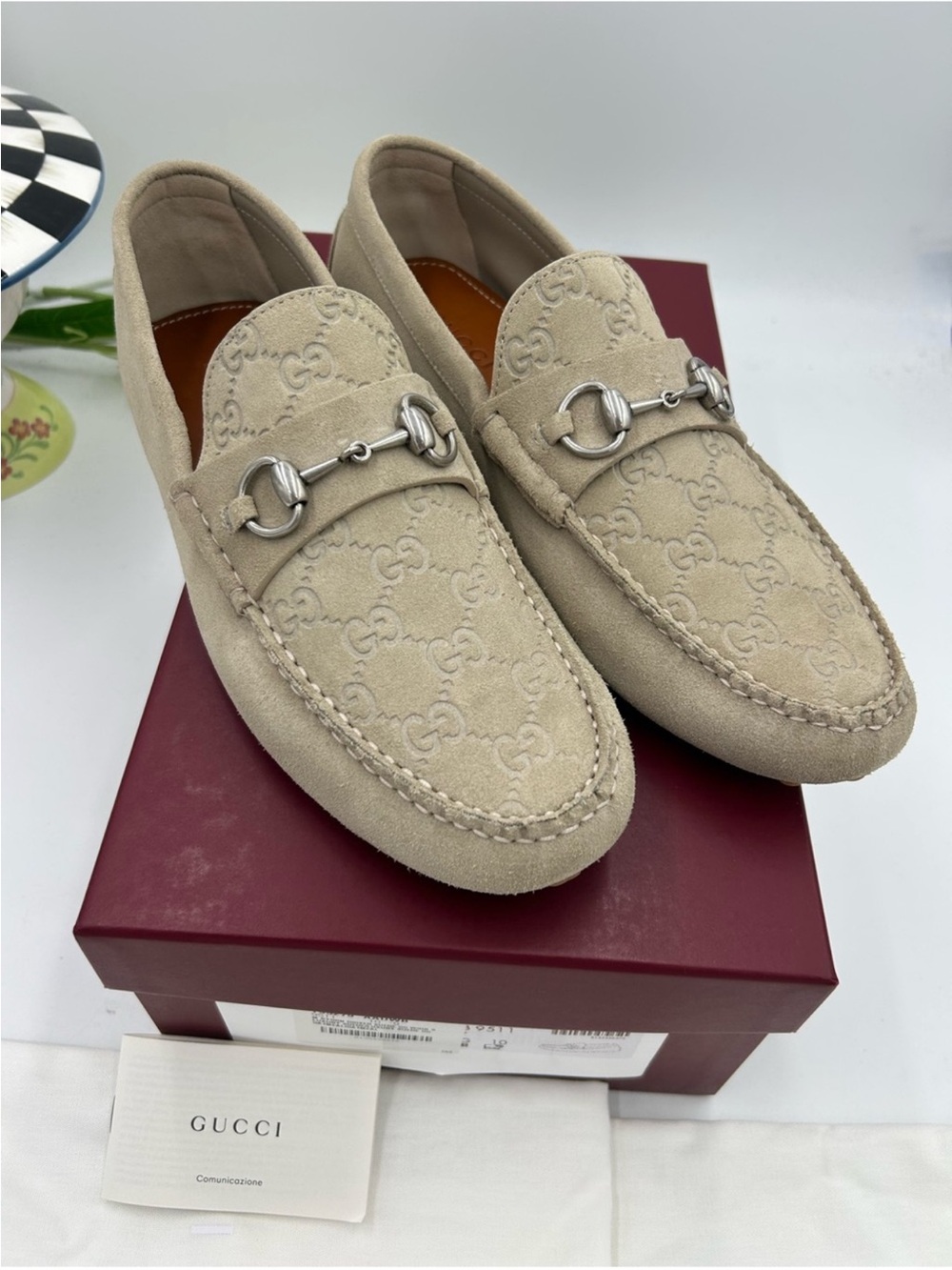 SOLD !!!!!! Men’s Gucci GG embossed oatmeal suede   loafers size 10 fits 10.5 US